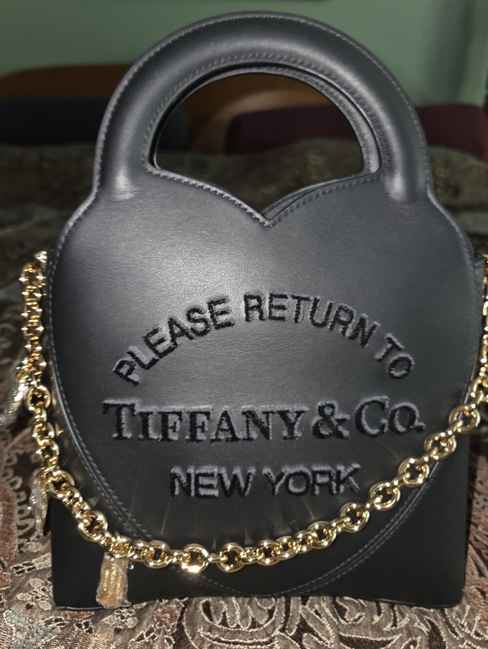 Tiffany & Co. Authentic Black Leather Heart Tote with Gold Chain Raised Letters - Picture 2 of 11